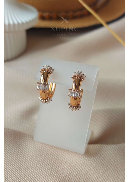 Xuping Jewelry Xuping Küpe Halka Şekilli Baget Kesim Zirkon Taşlı 14 Ayar Altın Kaplama Rose Renk