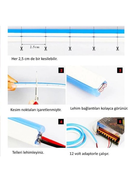 Neon LED  5metre (Mor) LED Zincir Bandı Hortum Esnek Dekoratif Aydınlatma Işık 12V 10W (1. Gen.)