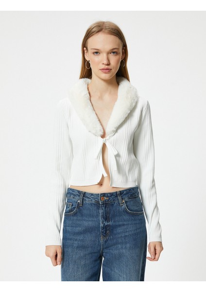 Crop Hırka Yakası Kürklü Bağlama Detaylı Slim Fit