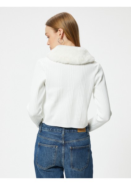 Crop Hırka Yakası Kürklü Bağlama Detaylı Slim Fit