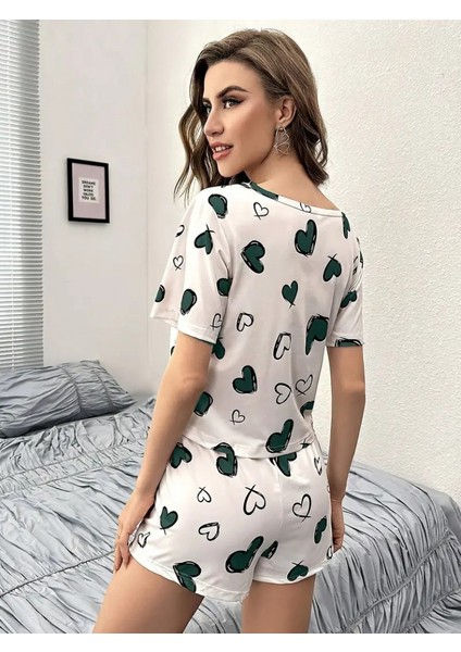 Kadın Kısa Kollu Bisiklet Yaka Kalp Baskılı Alt Üst Süprem Takım fiyatları