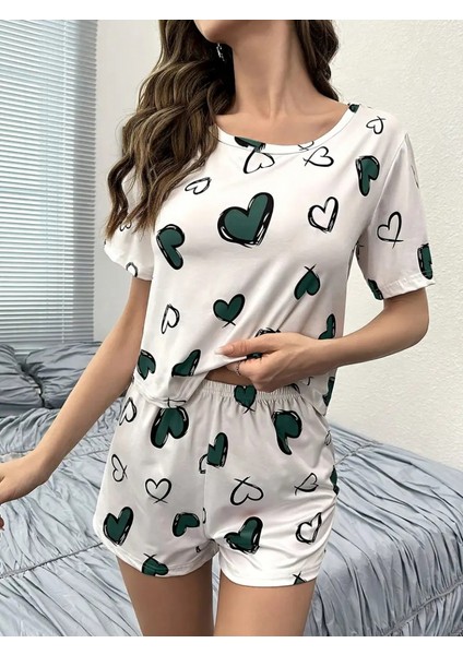 Kadın Kısa Kollu Bisiklet Yaka Kalp Baskılı Alt Üst Süprem Takım indirimleri