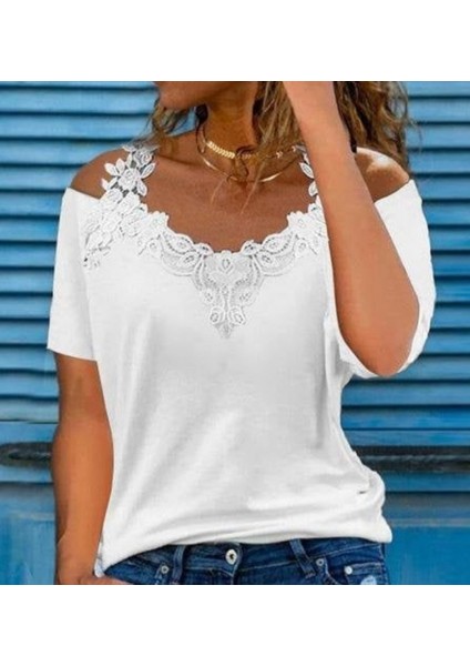 Kadın Omuz Güpür Askılı V Yaka Viskon Bluz