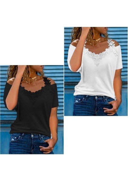 Kadın Omuz Güpür Askılı V Yaka Viskon Bluz modelleri