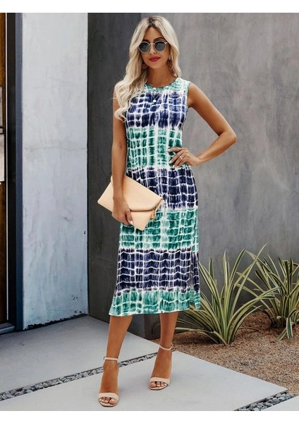 Kadın Bisiklet Yaka Batik Desen Baskılı Süprem Midi Elbise