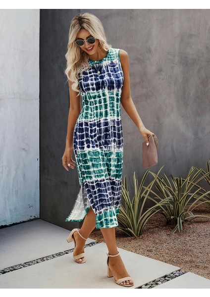 Kadın Bisiklet Yaka Batik Desen Baskılı Süprem Midi Elbise modelleri