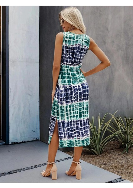 Kadın Bisiklet Yaka Batik Desen Baskılı Süprem Midi Elbise fırsatları