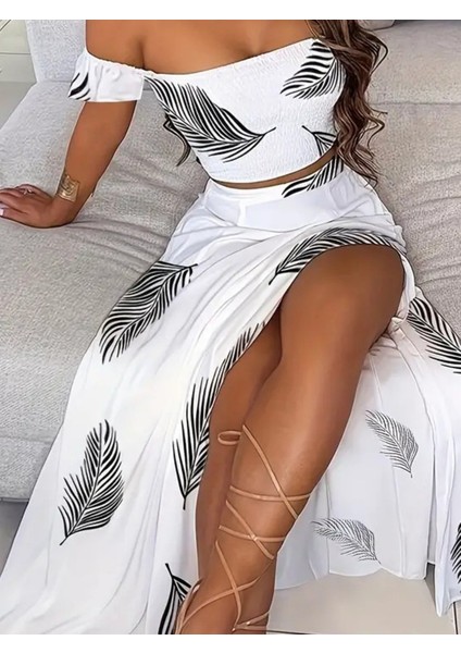 Kadın Kısa Kollu Madonna Yaka Gipeli Yaprak Baskılı Bluz ve Etek Süprem Takım fiyatları
