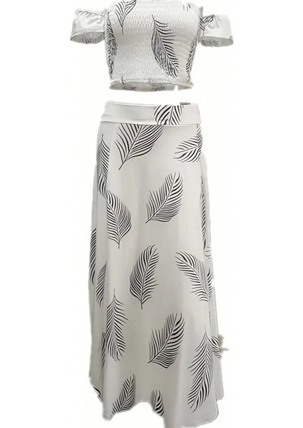 Kadın Kısa Kollu Madonna Yaka Gipeli Yaprak Baskılı Bluz ve Etek Süprem Takım fırsatları