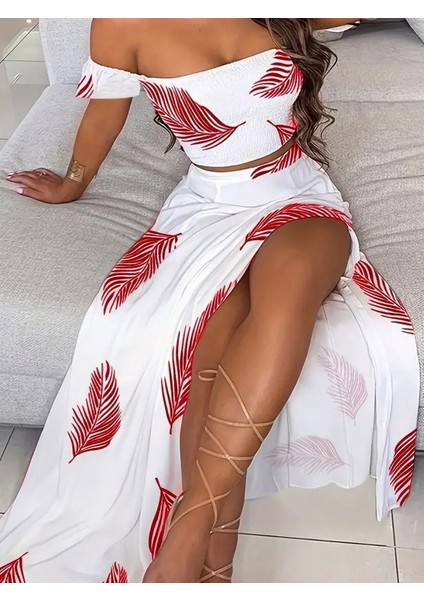 Kadın Kısa Kollu Madonna Yaka Gipeli Yaprak Baskılı Bluz ve Etek Süprem Takım fiyatları