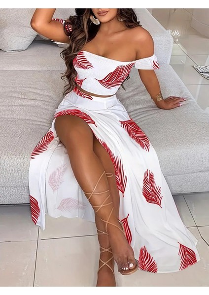 Kadın Kısa Kollu Madonna Yaka Gipeli Yaprak Baskılı Bluz ve Etek Süprem Takım modelleri