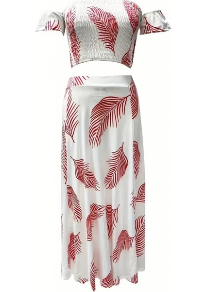 Kadın Kısa Kollu Madonna Yaka Gipeli Yaprak Baskılı Bluz ve Etek Süprem Takım fırsatları