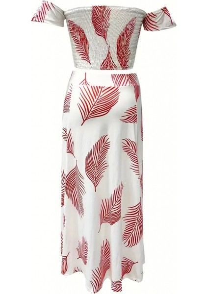 Kadın Kısa Kollu Madonna Yaka Gipeli Yaprak Baskılı Bluz ve Etek Süprem Takım indirimleri