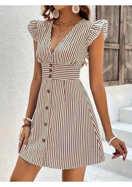Kadın Kısa Kollu V Yaka Kolları Volanlı Düğme Detay Pamuk Polyester Poplin Kısa Elbise fırsatları