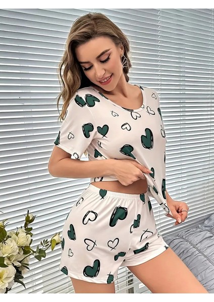 Amoricgiyim Kadın Kısa Kollu Bisiklet Yaka Kalp Baskılı Alt Üst Süprem Takım