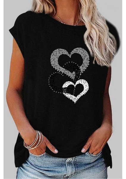 Kadın Kısa Kollu Kalp Baskılı Viskon T-Shirt