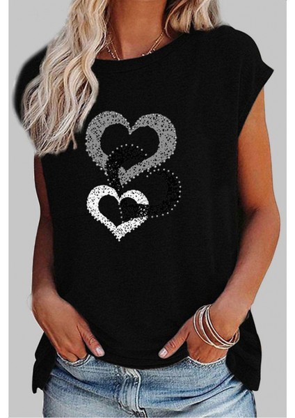 Kadın Kısa Kollu Kalp Baskılı Viskon T-Shirt modelleri