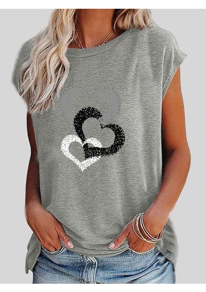 Kadın Kısa Kollu Kalp Baskılı Viskon T-Shirt modelleri