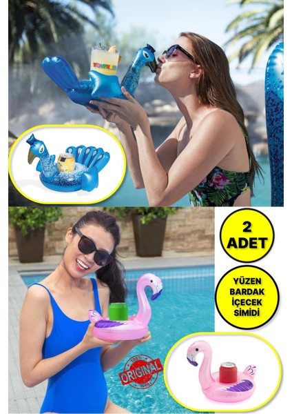 2 Adet - Havuz Deniz De Pelikan ve Tavus Kuşu Modelli Şişme Yüzen Içecek Bardak Tutacağı BW34127