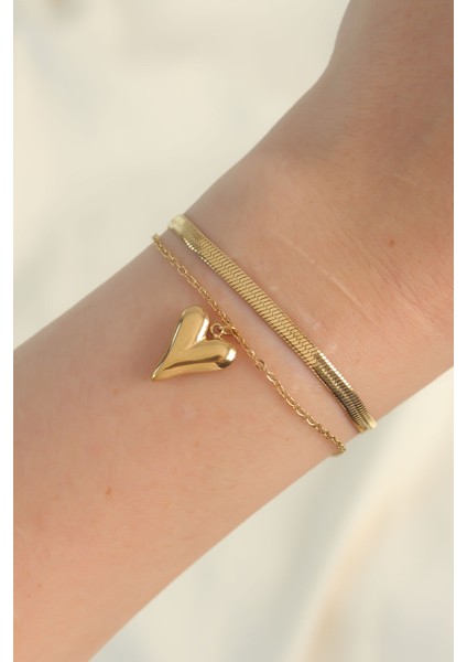 Mulvxxmd XDN02 Çelik Gold Renk Italyan Zincirli Kalp Model Bileklik (Mulvix)