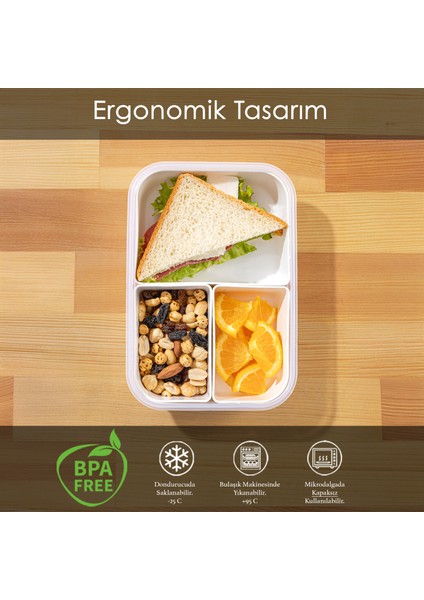 3 Bölmeli Kapaklı Dikdörtgen Saklama Kabı - Taşınabilir Kahvaltılık Diyet ve Beslenme Kutusu fiyatları