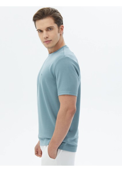 Mavi Düz Bisiklet Yaka T-Shirt modelleri