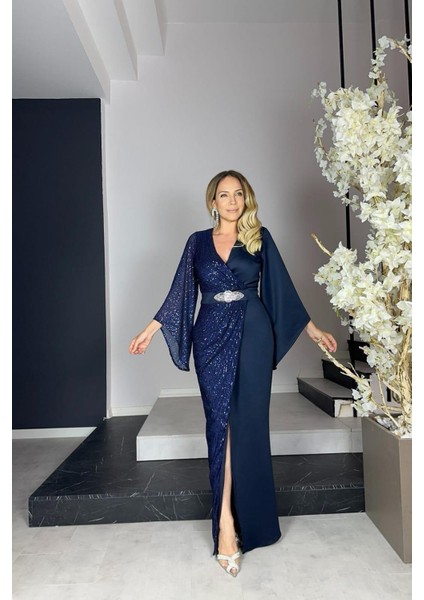 G0848 Payet Detaylı Maksi Tasarım Abiye Lacivert indirimleri