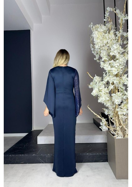 G0848 Payet Detaylı Maksi Tasarım Abiye Lacivert
