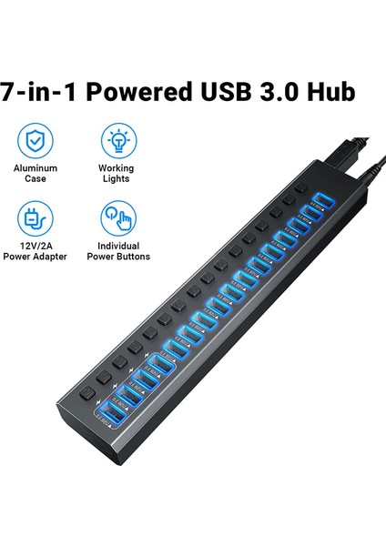 Profesyonel USB Hub 16 Portlu USB 3.0 5Gbps Bireysel Açma Kapama Anahtarları 12V DC 7.5A Güç Adaptörü USB Hub 3.0 Telefon Şarj Dizüstü Bilgisayar Mobil HDD Flash Sürücü Power Switches Port16