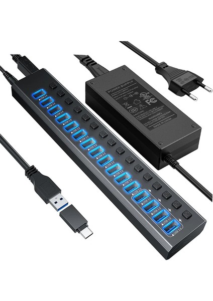 Profesyonel USB Hub 16 Portlu USB 3.0 5Gbps Bireysel Açma Kapama Anahtarları 12V DC 7.5A Güç Adaptörü USB Hub 3.0 Telefon Şarj Dizüstü Bilgisayar Mobil HDD Flash Sürücü Power Switches Port16