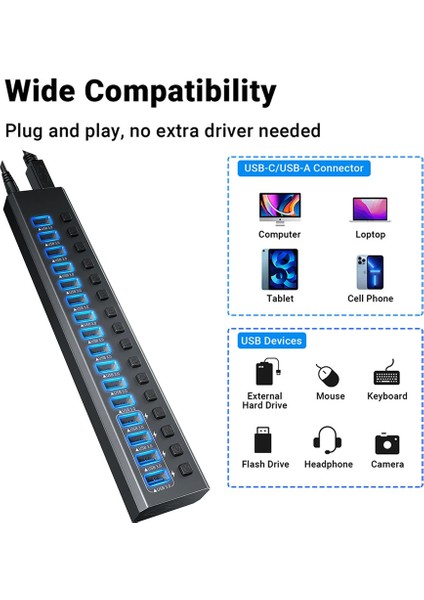 Profesyonel USB Hub 16 Portlu USB 3.0 5Gbps Bireysel Açma Kapama Anahtarları 12V DC 7.5A Güç Adaptörü USB Hub 3.0 Telefon Şarj Dizüstü Bilgisayar Mobil HDD Flash Sürücü Power Switches Port16