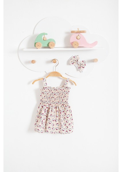 Hello Kitty Görselli Bandanalı Yazlık Bebek Elbise-Bej