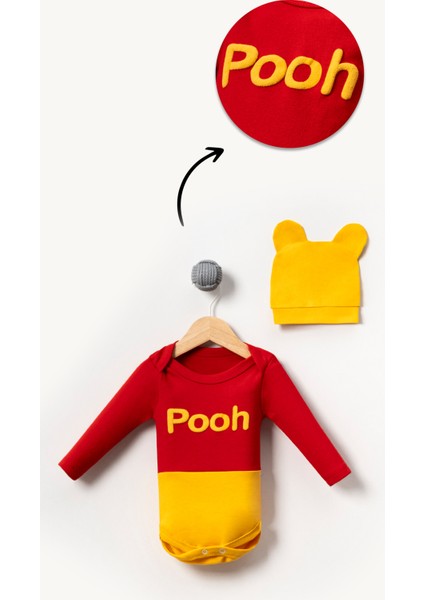 Pooh Görselli Şapkalı 2'li Bebek Badi Kırmızı