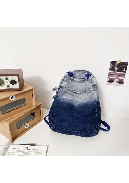 Yıkanmış Denim Kanvas Sırt Çantası Erkek ve Kadın Moda Degrade Renk Okul Çantası (Yurt Dışından)