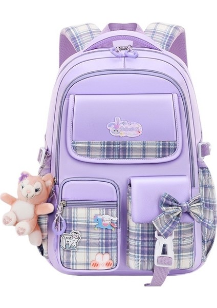 1-3-6. Sınıf Ilkokul Öğrencilerine Yönelik Sevimli Kız Fiyonklu Ekose Okul Çantası, Hafif, Nefes Alabilen ve Geniş Omuz Kapasiteli (Yurt Dışından)