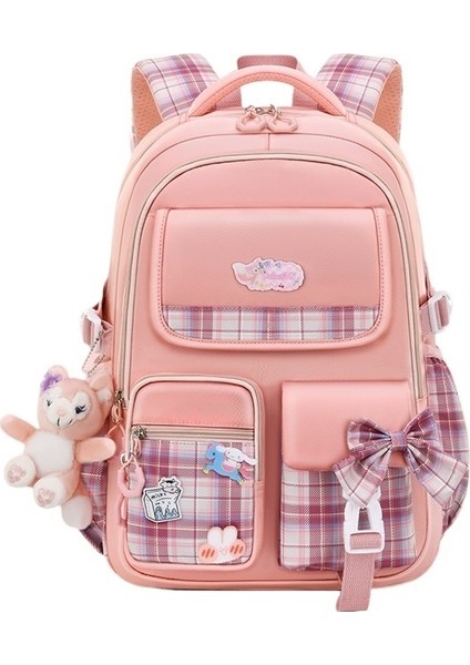 1-3-6. Sınıf Ilkokul Öğrencilerine Yönelik Sevimli Kız Fiyonklu Ekose Okul Çantası, Hafif, Nefes Alabilen ve Geniş Omuz Kapasiteli (Yurt Dışından)
