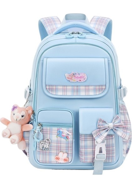1-3-6. Sınıf Ilkokul Öğrencilerine Yönelik Sevimli Kız Fiyonklu Ekose Okul Çantası, Hafif, Nefes Alabilen ve Geniş Omuz Kapasiteli (Yurt Dışından)