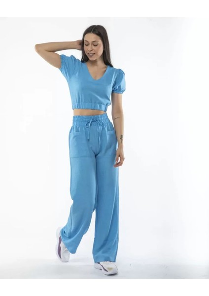 La Cattelea Kadin Keten Pantalon ve Crop Takım - Mavi