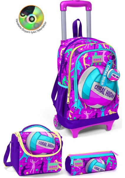 Kids Pembe Mor Voleybol Desenli Üç Bölmeli Çekçekli 3'lü Çanta Seti SET0123961