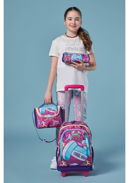 Kids Pembe Mor Voleybol Desenli Üç Bölmeli Çekçekli 3'lü Çanta Seti SET0123961 fiyatları