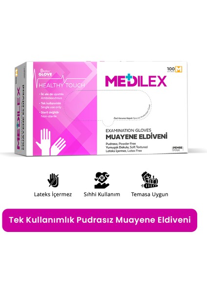 Medilex Tek Kullanımlık Pudrasız Pembe M Beden Muayene Eldiveni 100'lü