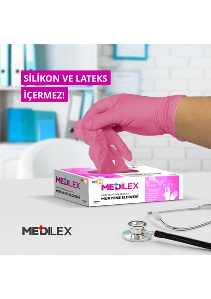 Medilex Tek Kullanımlık Pudrasız Pembe M Beden Muayene Eldiveni 100'lü