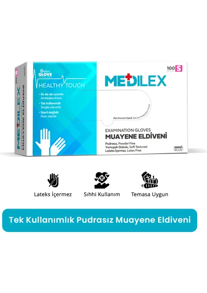 Medilex Tek Kullanımlık Pudrasız Mavi S Beden Muayene Eldiveni 100'lü