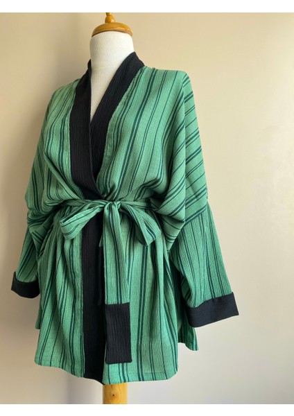 Tokalı Kuşaklı Kadın Kimono Set - Yeşil Çizgili