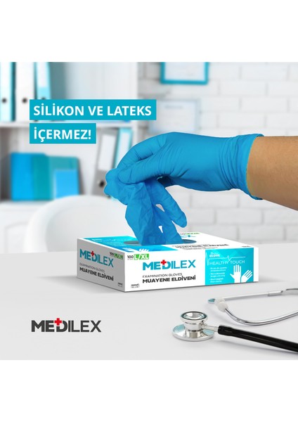 Medilex Tek Kullanımlık Pudrasız Mavi L - Xl Beden Muayene Eldiveni 100'lü