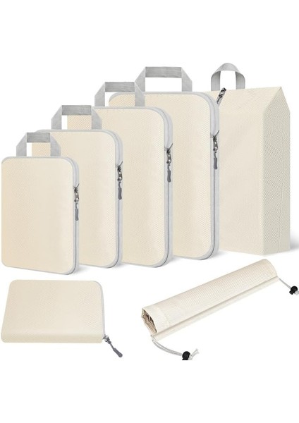 Compression Packing Cubes, 7'lı Set Bavul Düzenleyici, Seyahat Ihtiyaçları Için, Genişletilebilir Seyahat Düzenleyici Seti, Sırt Çantası Için Hafif Paket Çantaları, Bej (Yurt Dışından)