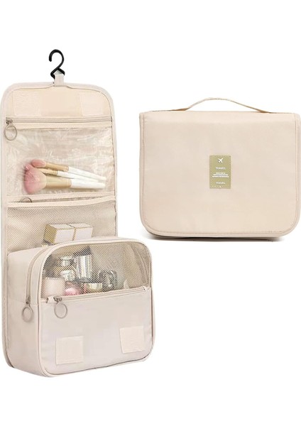 Asılı Tuvalet Çantası, Kadınlar Için Seyahat Yıkama Çantası Taşınabilir Katlanır Kozmetik Düzenleyici Büyük Kapasiteli Kız Makyaj Çantası Ayrı Bölmeli Su Geçirmez Duş Çantası, Bej (Yurt Dışından)