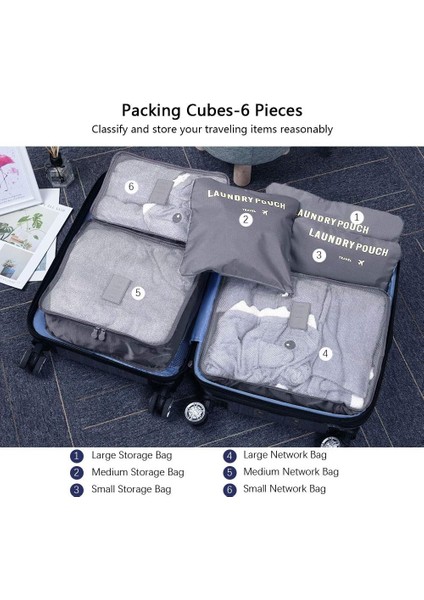 Paketleme Küpleri, 6pcs Seyahat Düzenleyici Ambalaj Torbaları, Seyahat Paketleme Küpü Seti, Su Geçirmez Çanta Giysiler Ayakkabı Kozmetik Makyaj Malzemeleri Saklama Çantaları(Gri) (Yurt Dışından) modelleri