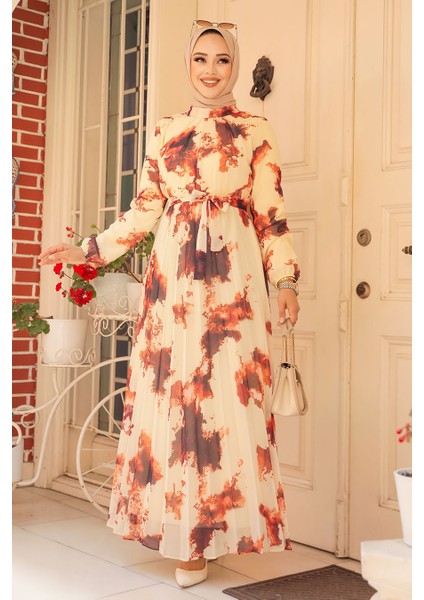 Desenli Kiremit Tesettür Elbise 34461KRMT