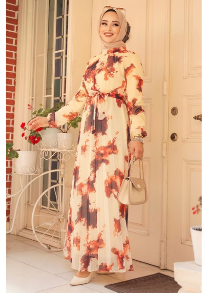 Desenli Kiremit Tesettür Elbise 34461KRMT fiyatları